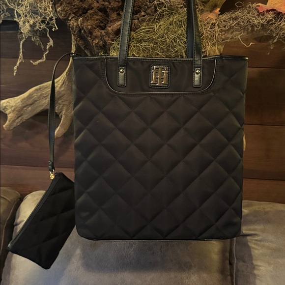 Tommy Hilfiger Handbags - Tommy Hilfiger Black Quilted Tote with Logo Plaque plus mini bag attached